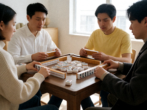 麻将牌局特写，四方玩家正在博弈